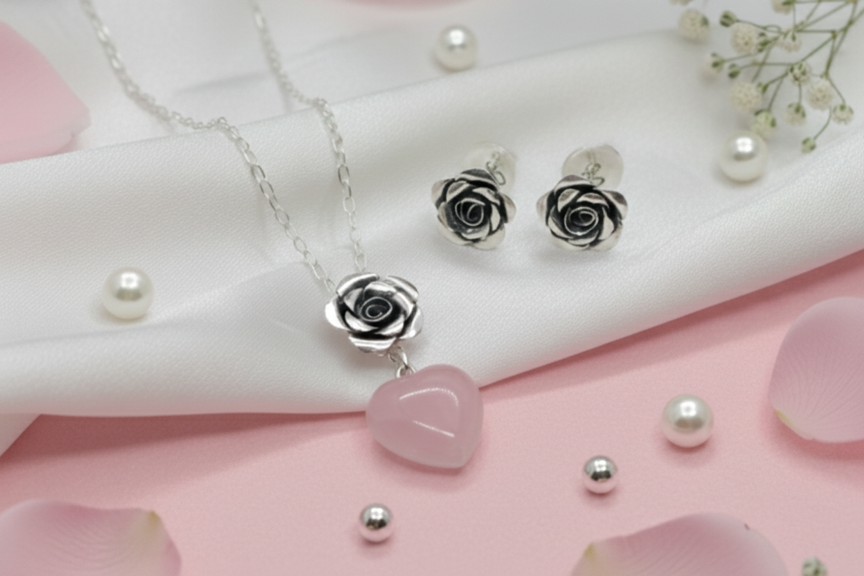Set Rosa de Plata con Corazón de Cuarzo Rosa