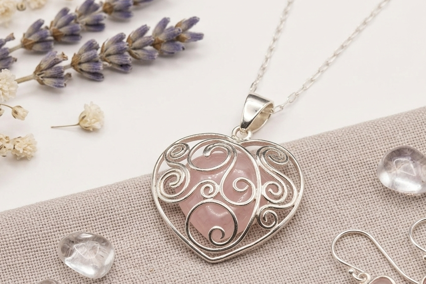 Set Corazón de Cuarzo Rosa | Collar y Aretes en Plata 950