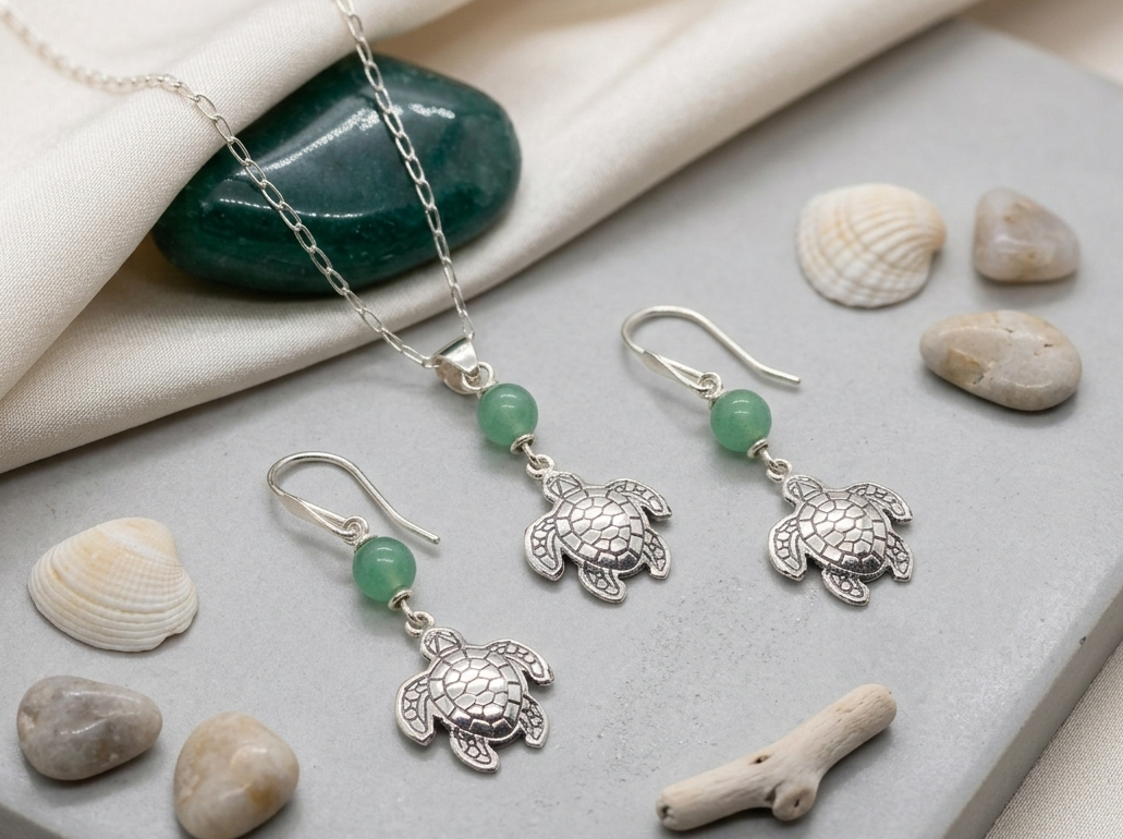 Set Tortuga Marina con Jade | Collar y Aretes en Plata 950