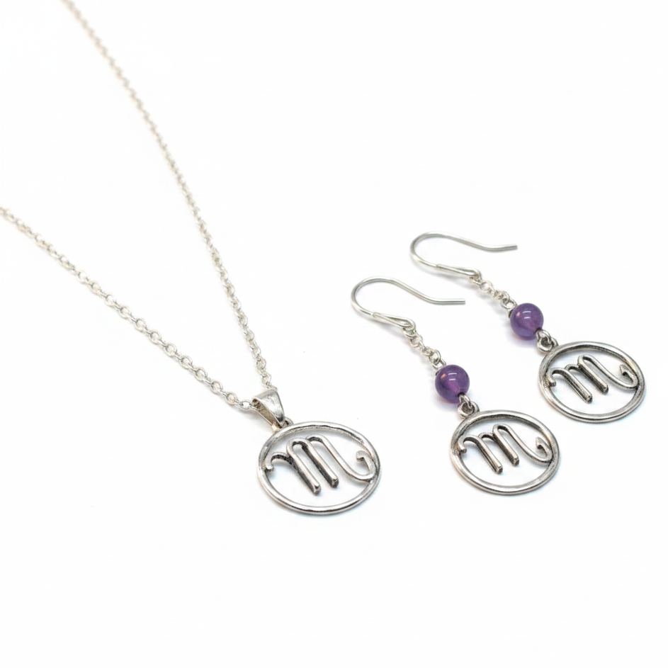 Set zodiacal collar y aretes en plata 950 con amatista